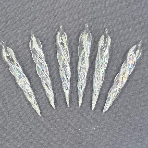 VTG Blown Glass Icicle Christmas Ornaments Clear Iridescent Glitter Twist Set 6 - Picture 1 of 16